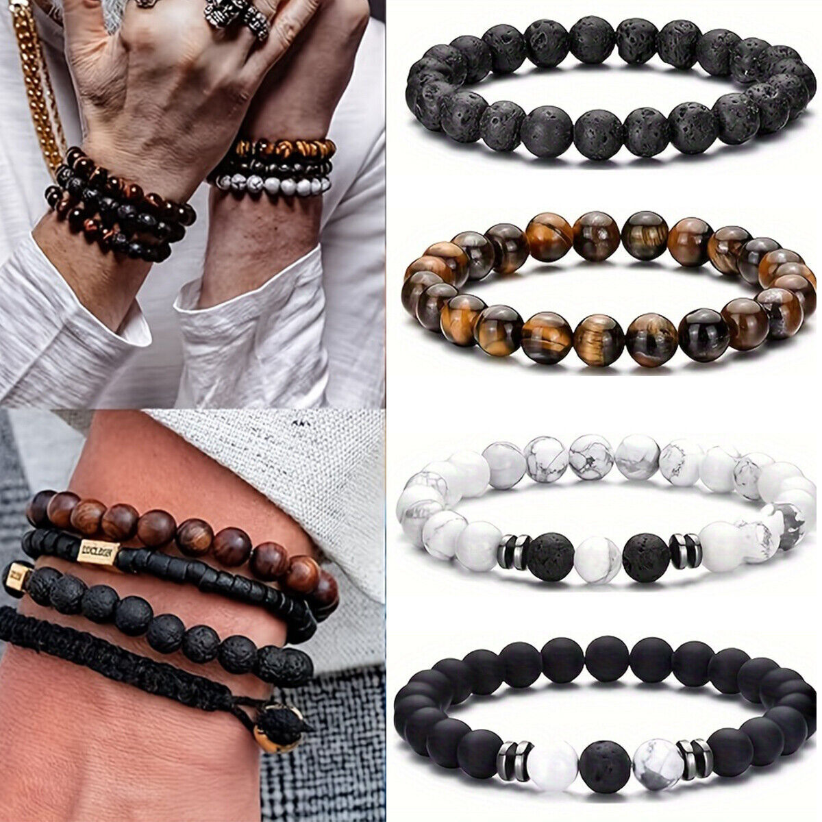 Tiger Eye and Turquoise Stretch Bracelet Men or Women, 8-inch Tiger Eye and Turquoise Stretch Bracelet Men or Women, 8-inch