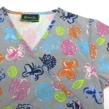 Bonita XS Scrub Top Gray MultiColor Butterflies Flowers Medical Nurse Dental Vet