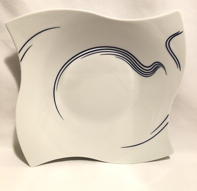 Zarin-Iran-White/Blue Stripes/Waves-Wave Shaped Porcelain Dinner Plate