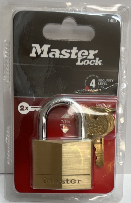 Master Lock 140D Brass Padlock Steel Shackle 7/8in Double Locking Levers