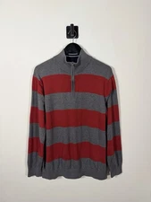 Nautica Striped Quarter Zip Jumper Men’s XL Grey Red Cotton Knit Sail Logo