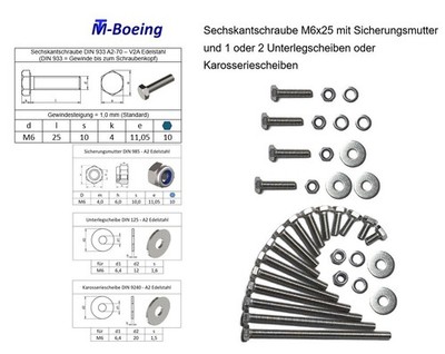 6kt-Sechskantschraube M6x25 Edelstahl VA + Stoppmutter + U-/Karosserie-Scheibe