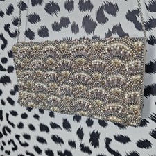 Beaded Pearl Evening Bag Art Deco Clutch Nude Champagne Chain Strap Party