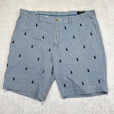 Polo Ralph Lauren Men 38 Seersucker Shorts Blue White Striped Pony Logo All Over