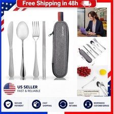 Quatish Travel Utensils Set with Case, Stainless Steel Camping Cutlery, Silver