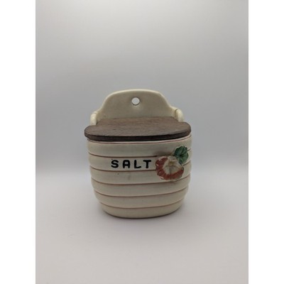 Vintage Japan Salt Cellar Box with Lid Beehive Flowers Ceramic Wall Hanging