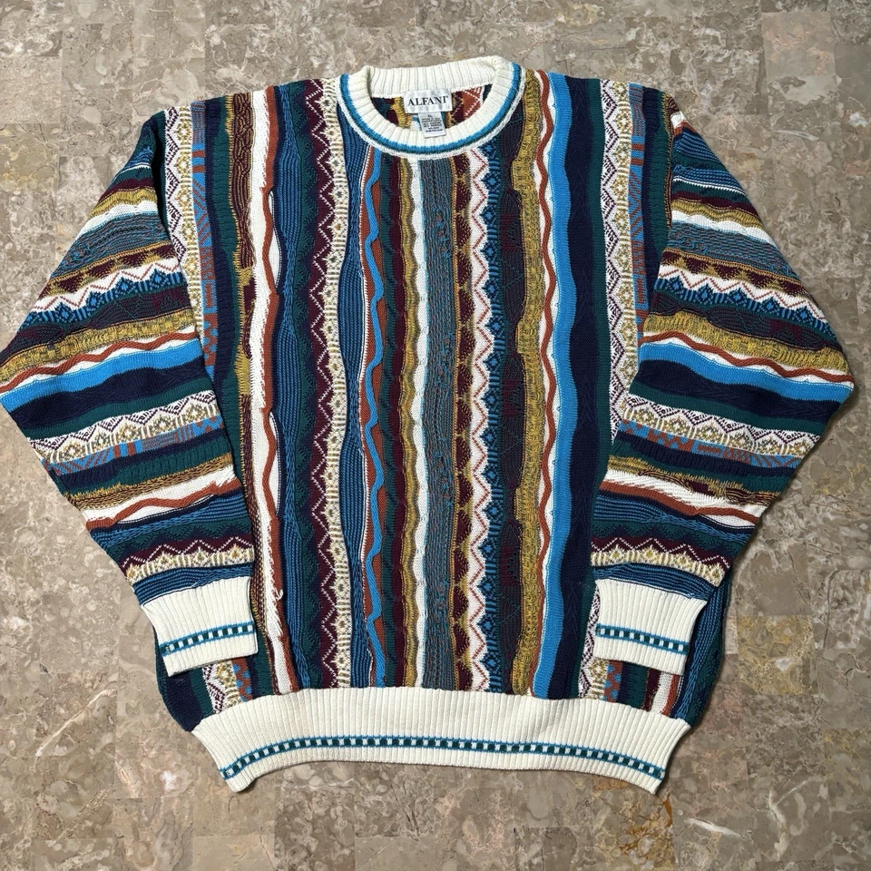 Suéter Tejido 3D De Colección Para Hombre XL Azul Colorido Texturizado Cuello Redondo Alfani Años 90 Foto 2 de 4