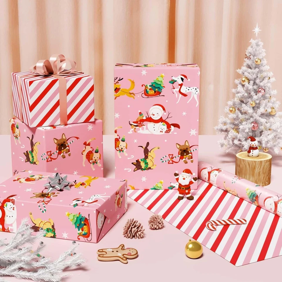 Dog Christmas Wrapping Paper Roll - 1 Roll 17”X 33 Ft Pink Dog Wrapping Paper Ch - Image 2 of 4