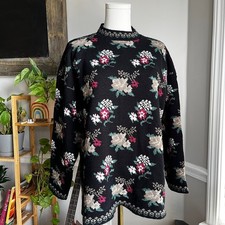Vintage 80s Dark Cottagecore Sweater Black, Pink, Tan Floral Size Medium