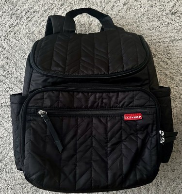 Skip Hop Black Quilted Diaper Backpack Adjustable Strap Pockets Blue Interior