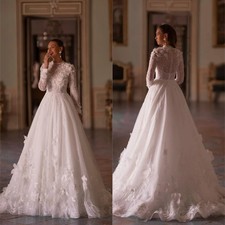 Modest Long Sleeve Bridal Gowns Appliques Wedding Dress Romantic Pearls Bridal