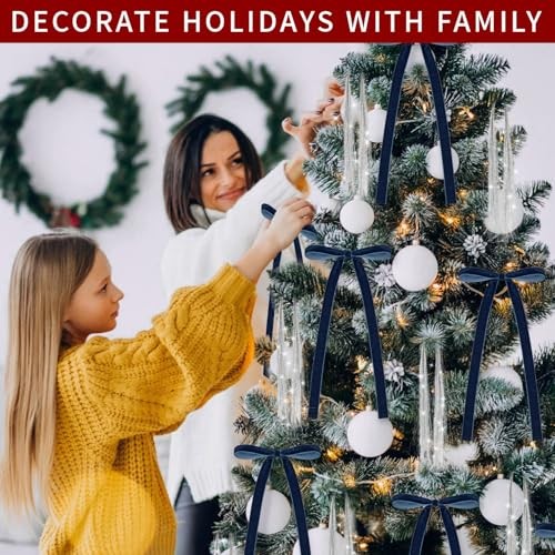 Set of 12 Pcs Vintage Velvet Bow and 3000 Strands Tinsel Icicles - 5.9" x Blue