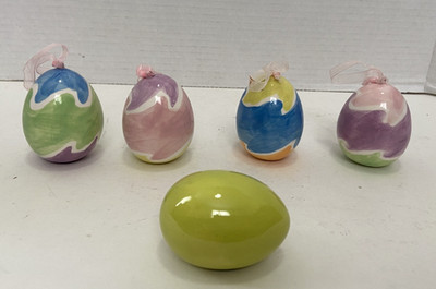 Ceramic Colorful Glossy Easter Eggs 4 Hanging w/ Pink Ribbon 1 Sitting