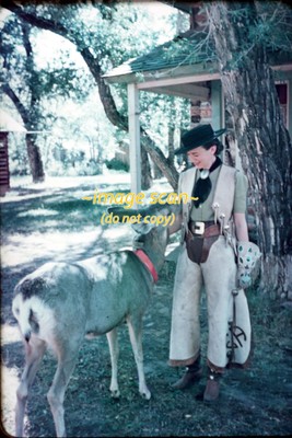 1940s Kodachrome Slide of Woman in Cowgirl Outfit with Mule Deer v4a