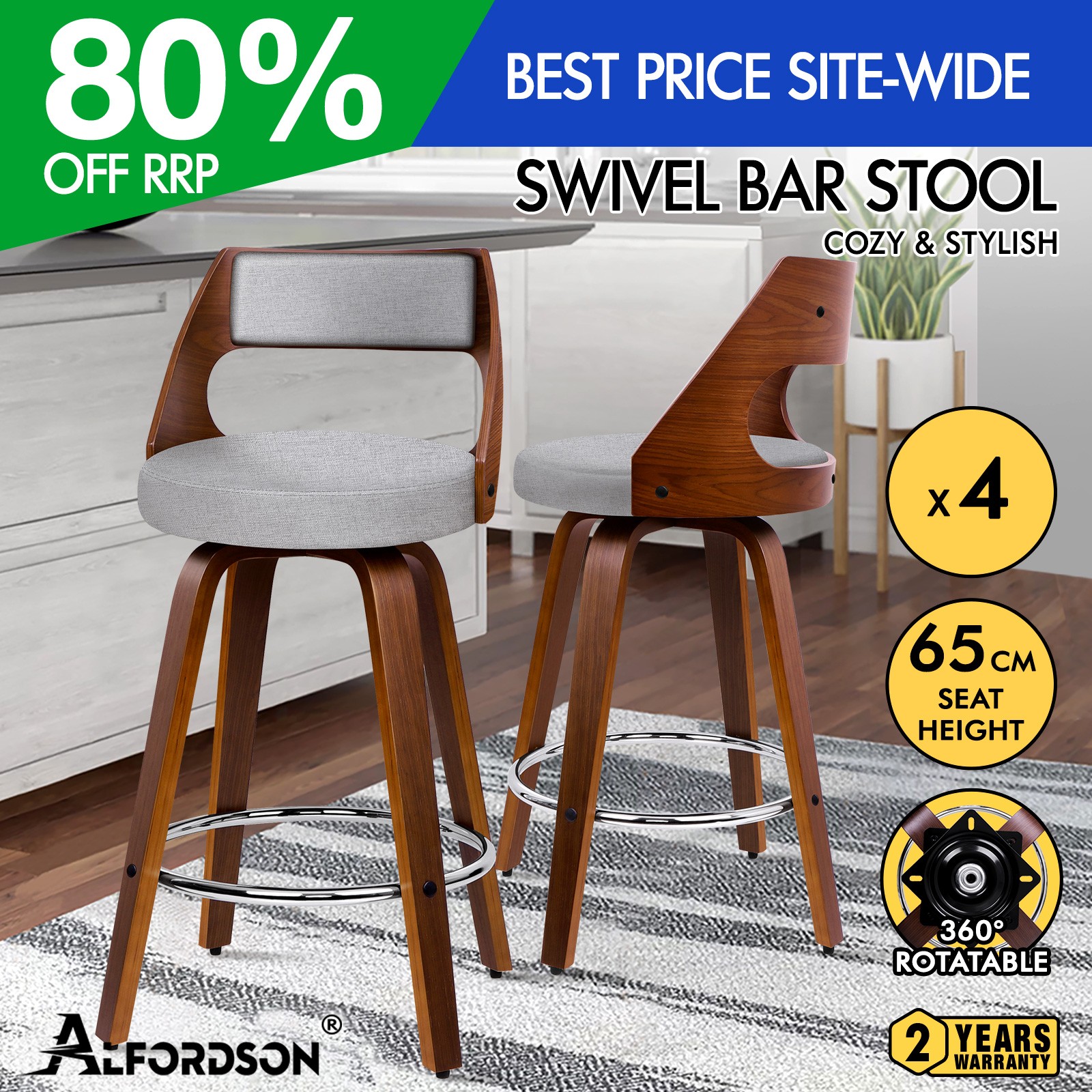 ALFORDSON 4x Bar Stools Padded Swivel Wooden Leg Kitchen Counter Pub Chair Grey