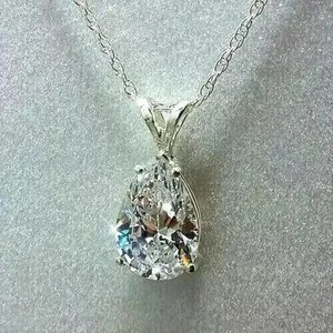 Authentic 4.00Ct Pear Cut Lab Created Diamond 14k Gold Plated Solitaire Pendant With Chain