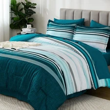 Teal King Size Comforter Set 7 Pieces, Blue Boho Striped Bed in a Bag Soft Micro