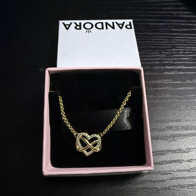 PANDORA Gold Plated Heart Infinity CZ Necklace Adjustable Cable Chain Lobster
