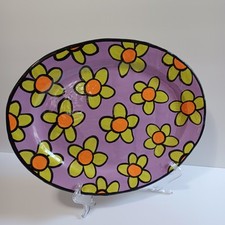 Handmade Daisy Oval Ceramic Platter Dish Lilac Yellow Orange 10x13 Artist Singed