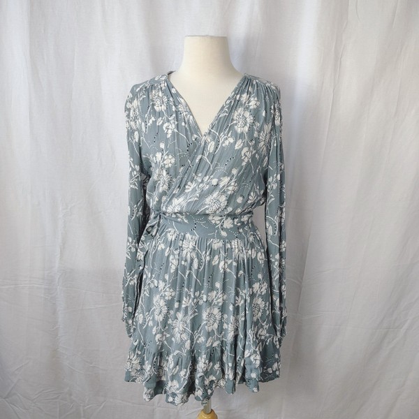 Steele Wrap Mini Dress Size S Floral Grey Blue White Balloon Long Sleeve Tiered
