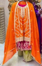 Latest Engagement Wear Orange Chinon Silk Kurta Palazzo With Dupatta For Women