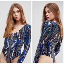 Free People Pick A Place Paisley Print Long Sleeve Thong Lace Up Bodysuit S NWT