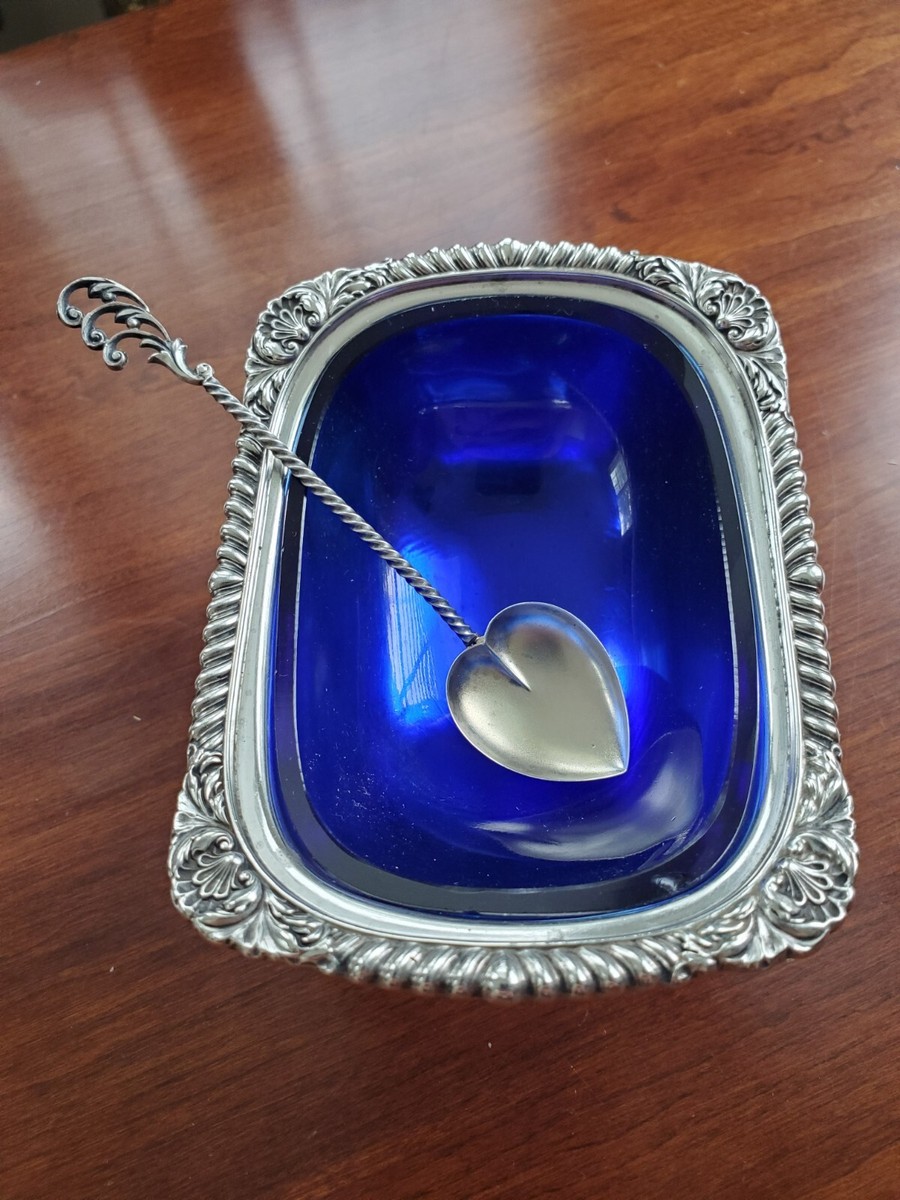 Meriden Sterling Silver Salt Cellar Dish Bowl w Spoon Cobalt Glass  