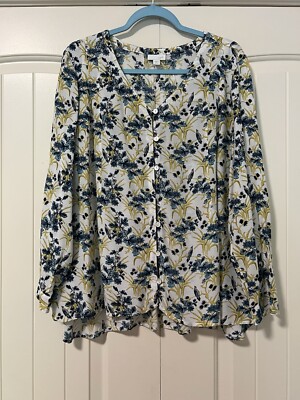 J Jill Women s Petite Long Sleeve Button Down Floral Print Blouse Size Lp