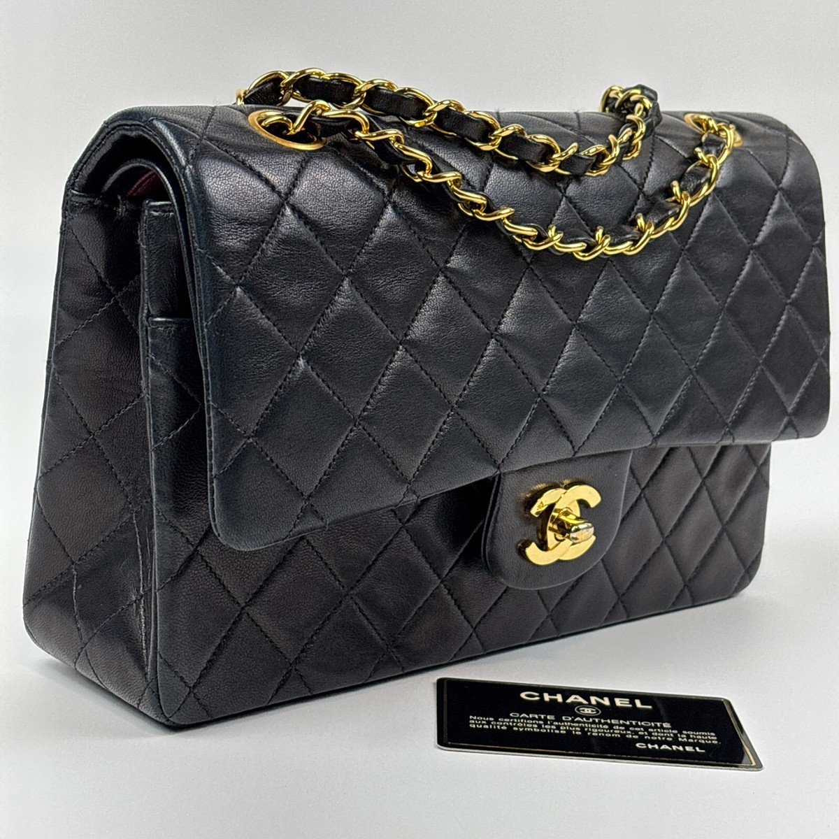 Auth CHANEL Medium Classic Double Flap Chain Bag Black Lambskin