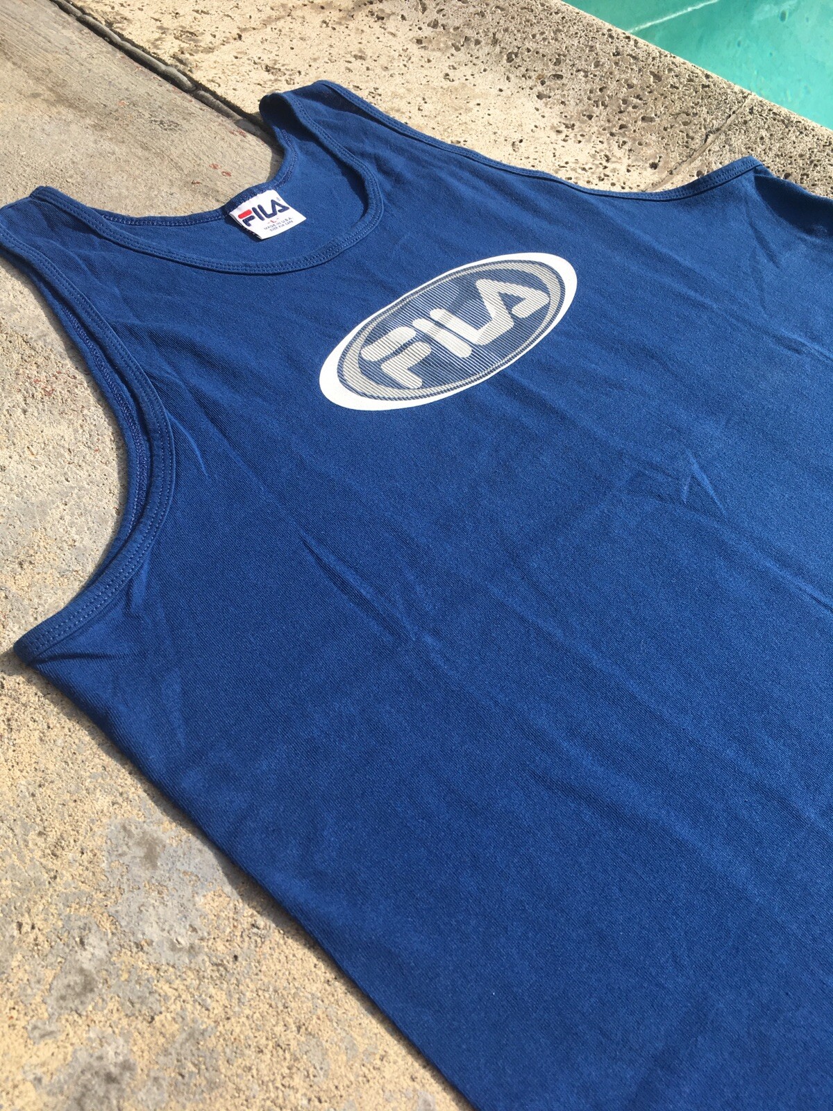 Canotta vintage anni 90 Fila Spell Out blu SUPER PULITA made in America Fila taglia L