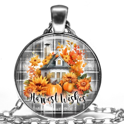 Farmhouse Pumpkins Flowers Harvest Wishes Thanksgiving Necklace 24'' Link Chain