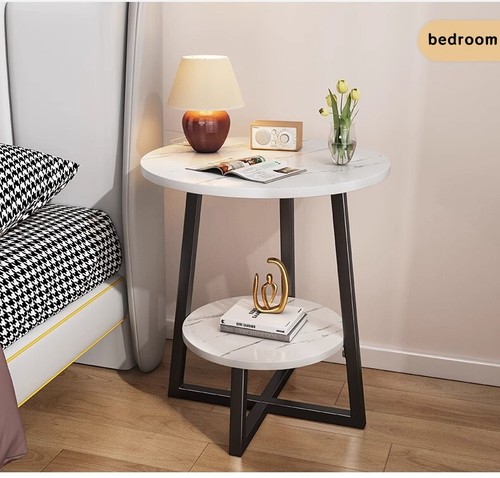Round 2 Tier Coffee Table Side Table White Marble Effect End Table Living Room - Picture 6 of 17