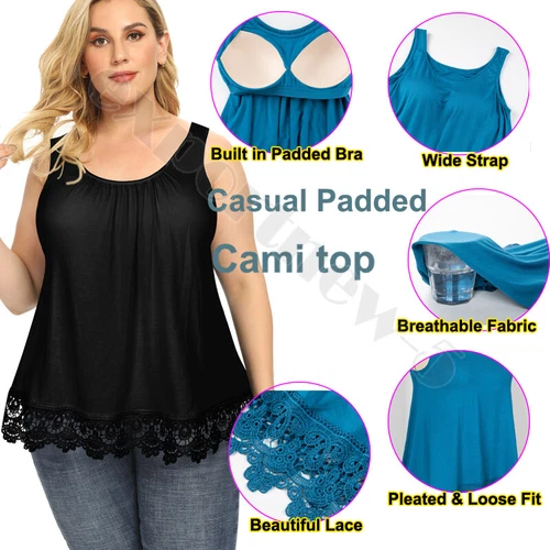 Damen Tunika Cami integrierter BH ärmellos fließend Swing Plissee Tank Top Übergröße - Bild 8 von 58
