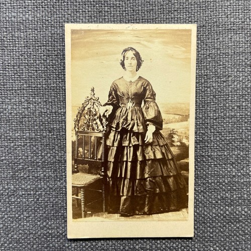 CDV Photo Antique Portrait Woman in Ruffled Hoop Skirt Fashion Dress OH