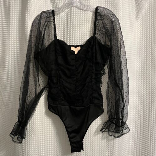 Charmed Hearts Sz L Black Sheer Puff Sleeve Bodysuit SEXY Scalloped Bust