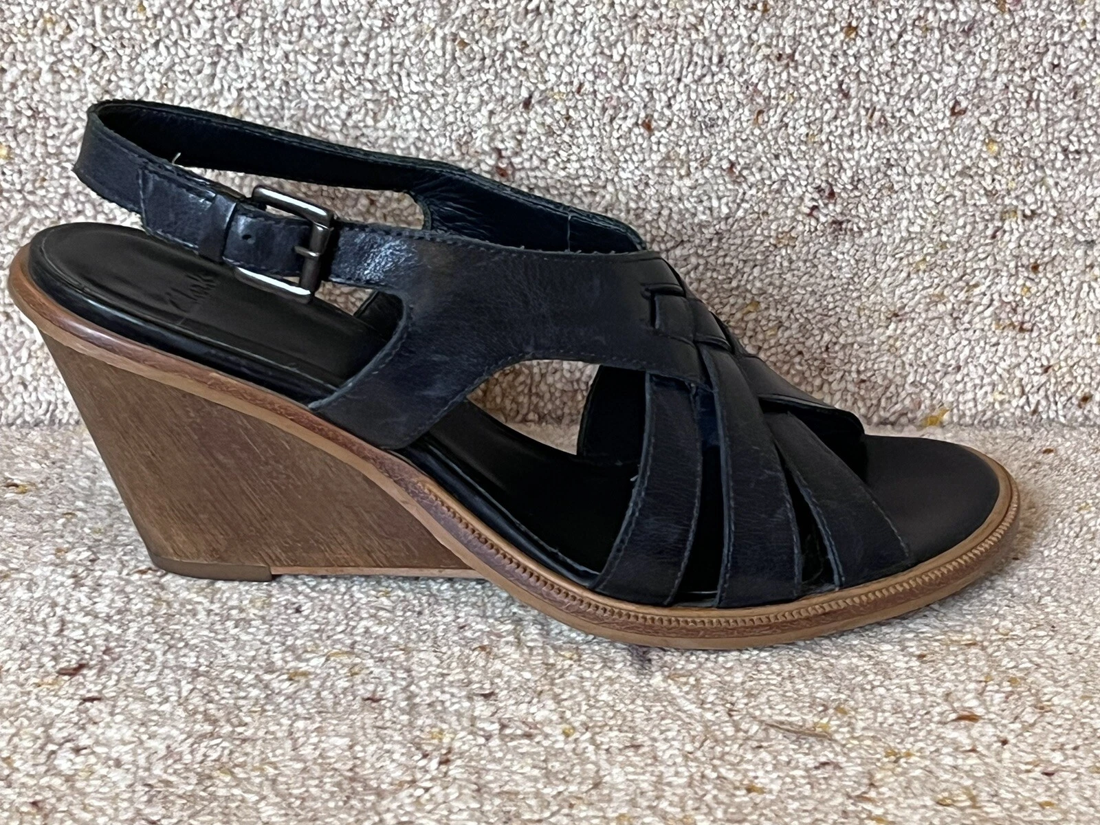 Sandali donna Clarks neri con zeppa e tacco slingback taglia UK 5 5