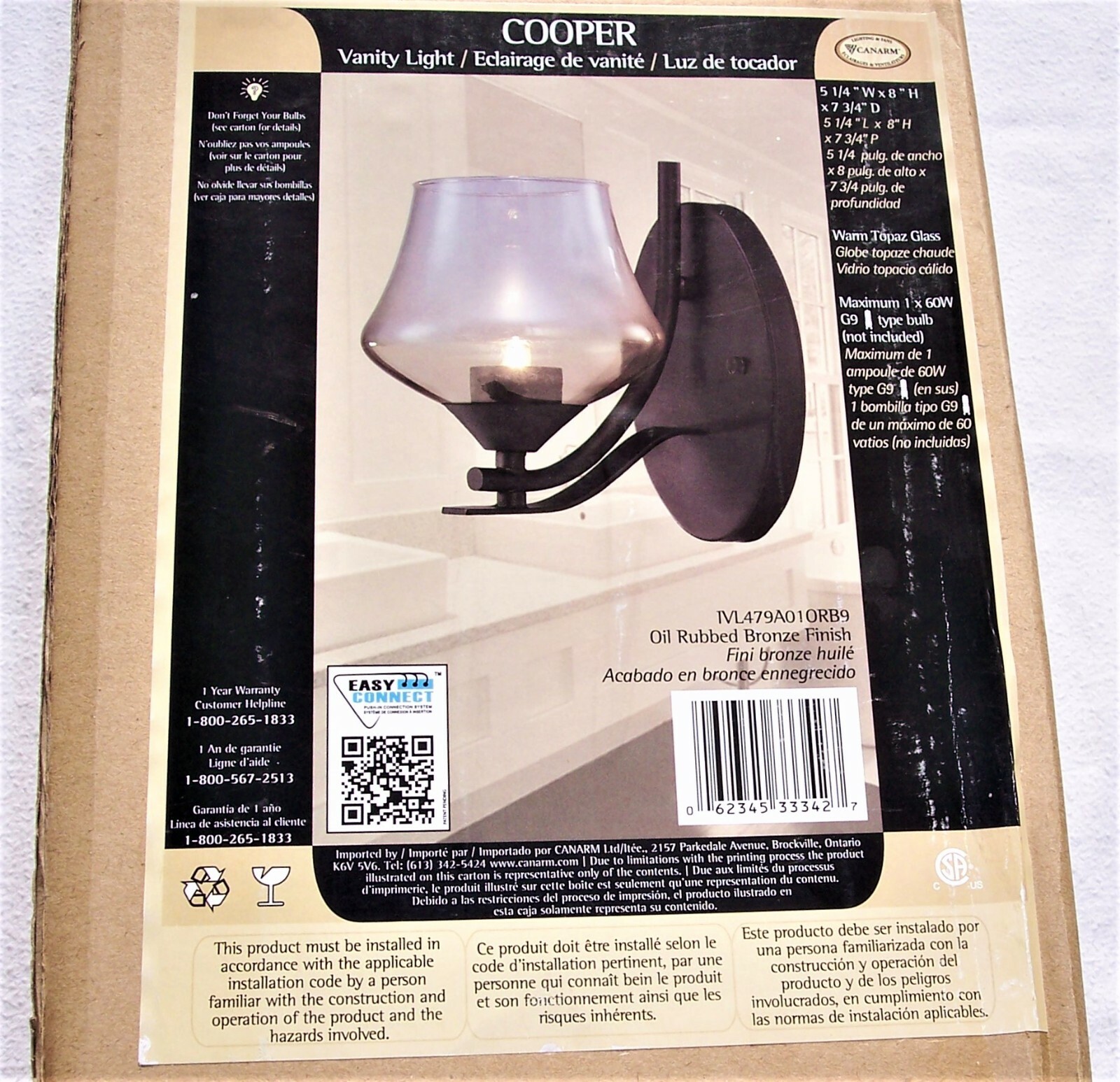 NEW Canarm Copper1 Light Oil Rub Bronze Wall Vanity Light Seven Available SALE