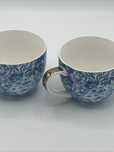 Lilly Pulitzer Hidden Cat Floral Set of 2 Coffee Mug 12 oz Blue Purple Gold Trim - Picture 6 of 12