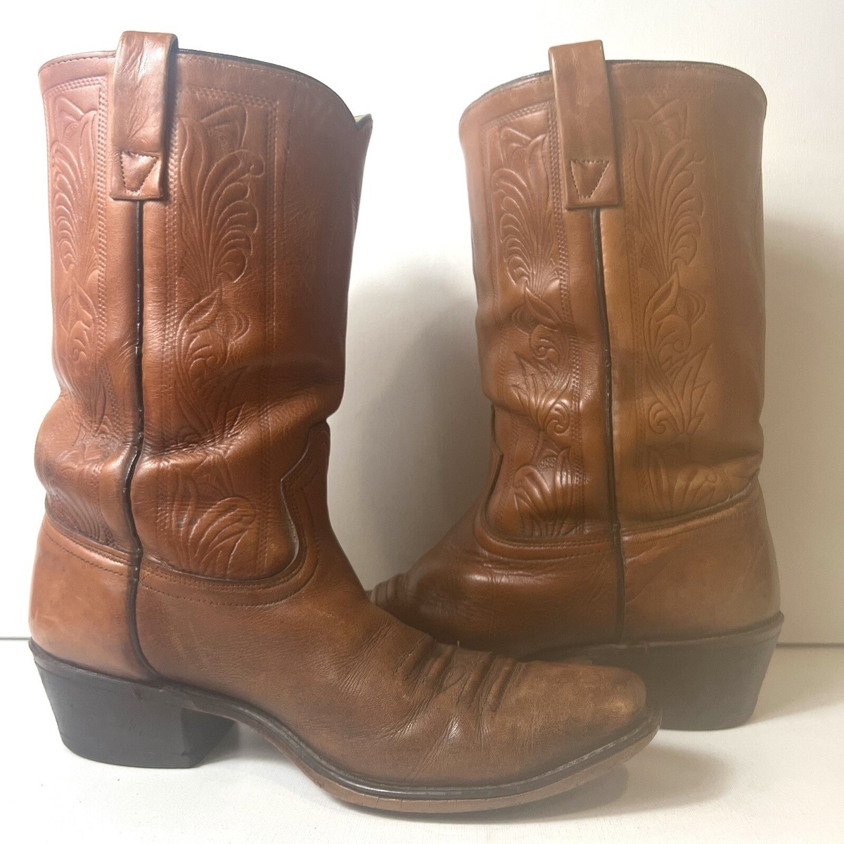 Acme Brown Leather Western Cowboy Boots Paisley Block Heel  display picture 3