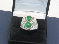 Silver.925 sterling Ring inv351 Dual green stones, beautifully engraved