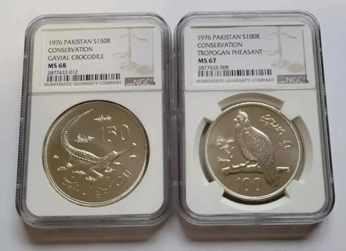 Lot(2) 1976 PAKISTAN 100 & 150 rupees WWF NGC MS 67 68 Silver Uncir Conservation