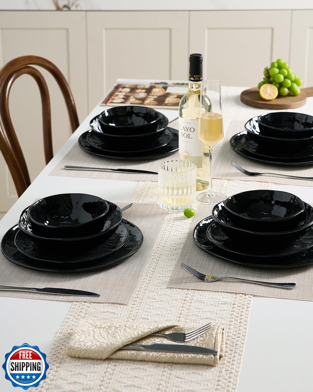 Famiware Porcelain kitchen plates and bowls set, Modern dishes set for 6, Han