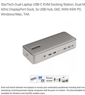 StarTech Dual-Laptop USB-C KVM Docking Station, Dual Monitor 4K 60Hz DisplayPort