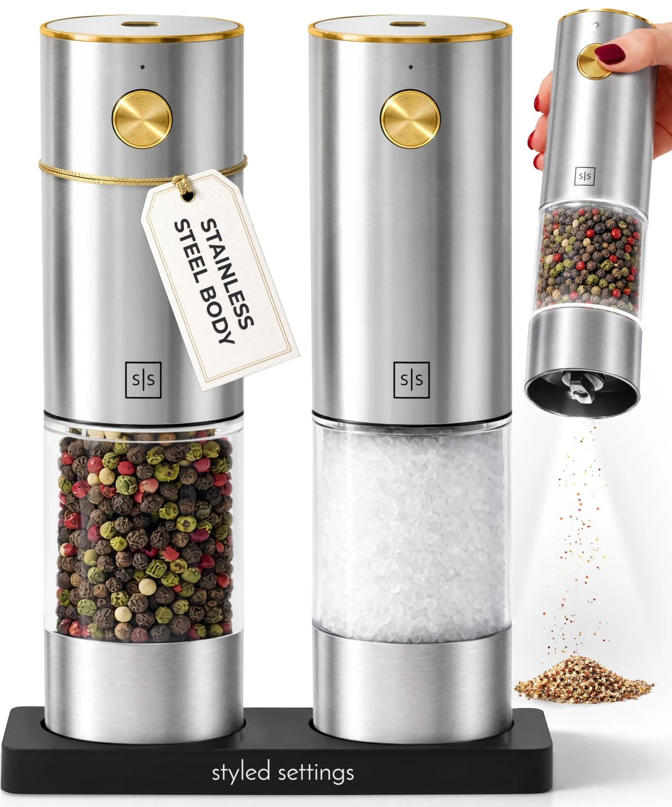 Electric Salt and Pepper Grinder Set Rechargeable – Stainless Steel Salt and ...