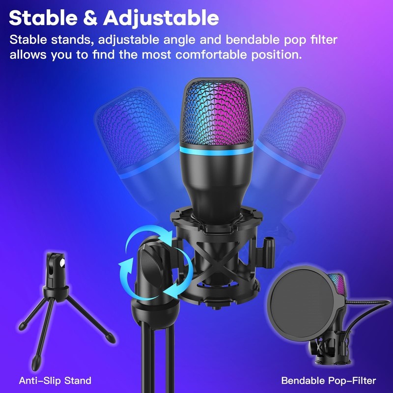 USB Gaming Microphone with Tripod Stand, Pop Filter & RGB Lighting Recording &PC