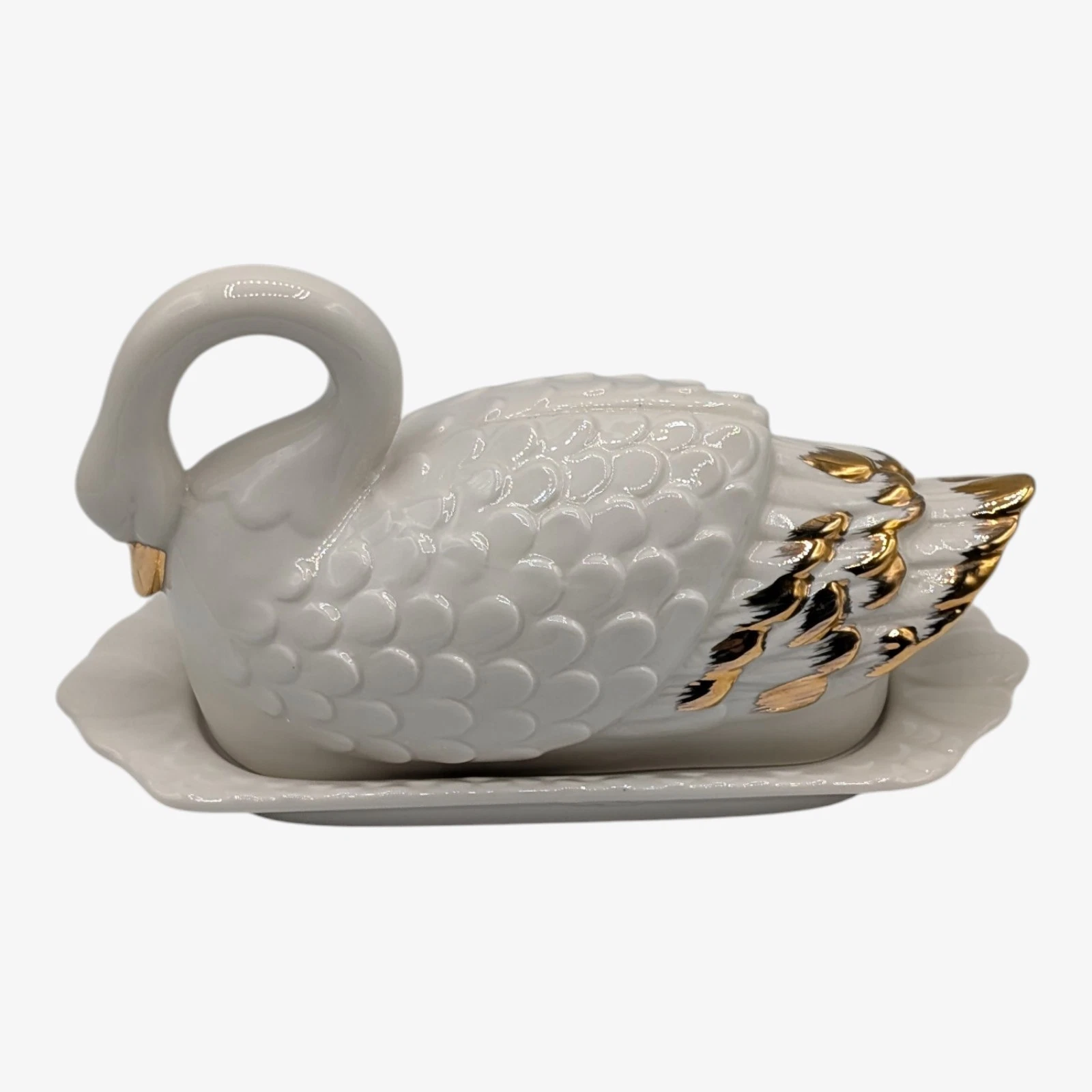 Anthropologie Swan White Gold Ceramic Swan Covered Butter Dish Labels