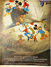 Wamsutta No-Iron Sheets  Pillowcases "Mickey and His Friend's"Vtg Print Ad 1970