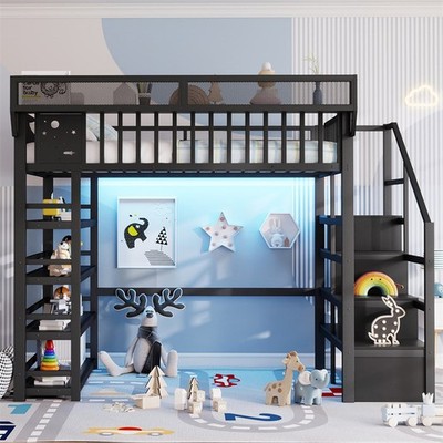Full Loft Bed w/4 Shelf Storage Rack,LED Light & Storage Stairs Metal Bed Frame