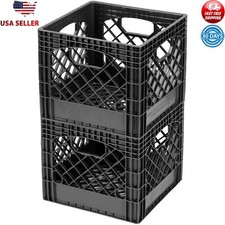 16QT Plastic Milk Crate Black 2PK Storage Organizer Heavy-Duty Handles Tray New