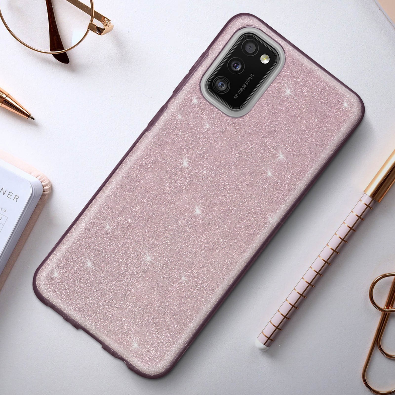 Coque Galaxy A41 silicone robuste pailleté rose au design soigné - 3